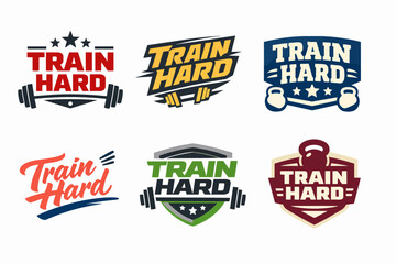 Obraz premium Fitness and workout logos with text train hard, dumbbells, barbells, and kettlebells, symbolizing strength and effort
