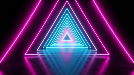Naklejka premium Abstract Futuristic Neon Triangle Tunnel with Magenta and Cyan Glowing Lights 3D Render