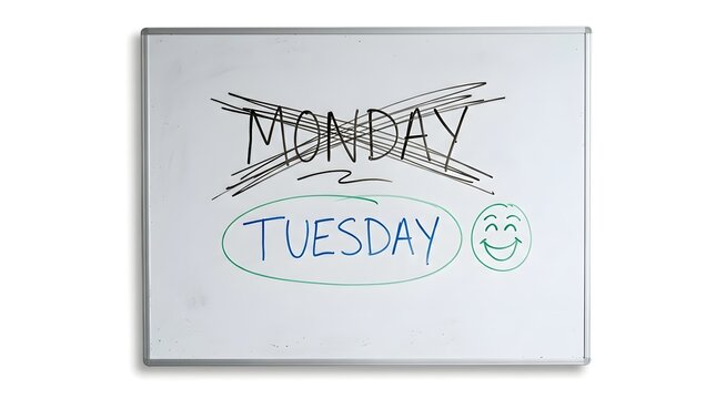 A whiteboard with monday crossed out and tuesday written in blue with a smiley face