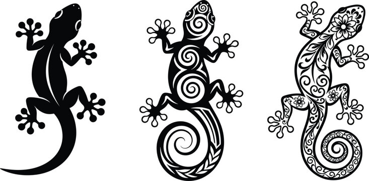 Gecko Lizard Ornament Illustration Set with Silhouette, Tribal, and Decorative Pattern Styles for Tattoo Design, Animal Art, and Creative Graphic Concepts