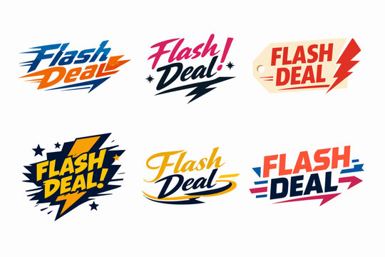 Flash deal sale promotion badges and discount labels collection for limited time offers, lightning speed commerce marketing