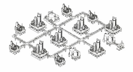 Obraz premium Isometric illustration of a futuristic city network with interconnected buildings and towers.