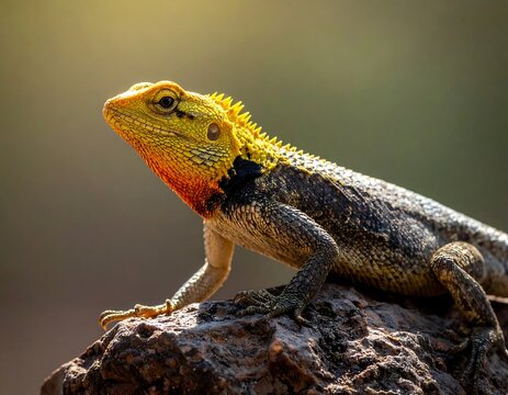 Colorful Agama Lizard Perched on Rocky Surface.