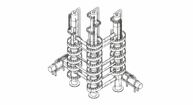 Three-stage industrial distillation column with internal components shown in isometric view.