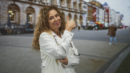 Obraz premium Woman doctor in white coat with stethoscope gives thumb up on street in front of city buildings, smiling and confident; approval trust.