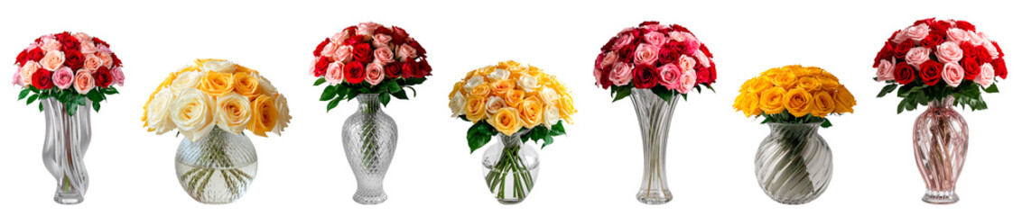 Naklejka premium Beautiful bouquet of roses in a glass vase isolated on transparent background