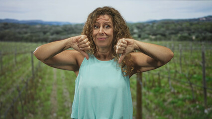 Fototapeta premium Woman showing bare hands with double thumbs down in a forest setting wearing turquoise top; disapproval defeat.