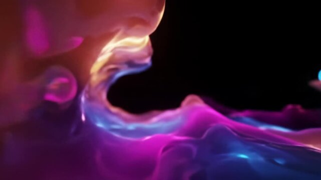Mesmerizing low-angle video of an organic fluid surface morphing with glowing peaks, iridescent blue, purple, pink, orange, brown hues on a deep black void. Ethereal dreamlike atmosphere