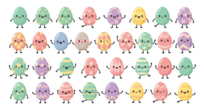 Cute Easter eggs characters with happy faces dancing and celebrating