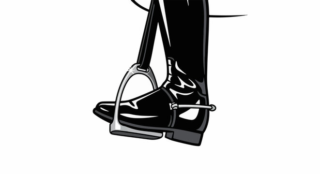 Shiny black riding boot with stirrup and strap, on white