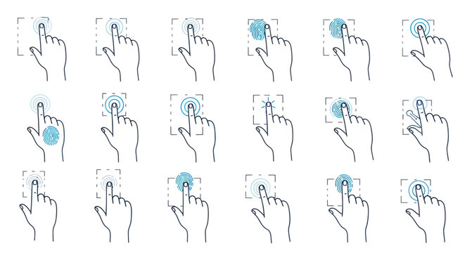 Collection of hand gestures and fingerprint scan icons for touch screens and biometric