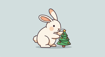 Obraz premium A cute cartoon bunny decorating a small Christmas tree with a star
