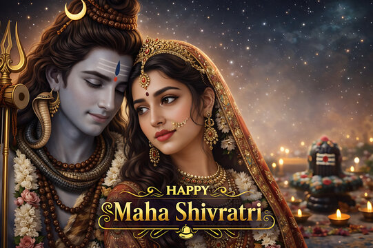 Divine union of Lord Shiv Shankar Mahadev Bholenath with Shivshakti Maa Parvati celebrating first love marriage on Mahashivratri Hindu festival
