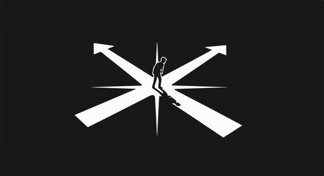 Silhouette of person at crossroads with illuminated directional arrows