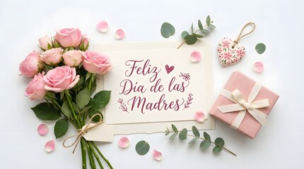 Elegant flat lay with a bouquet of pink roses, a 'feliz dia de las madres' card, and a gift box on a white background, perfect for mother's day celebrations.