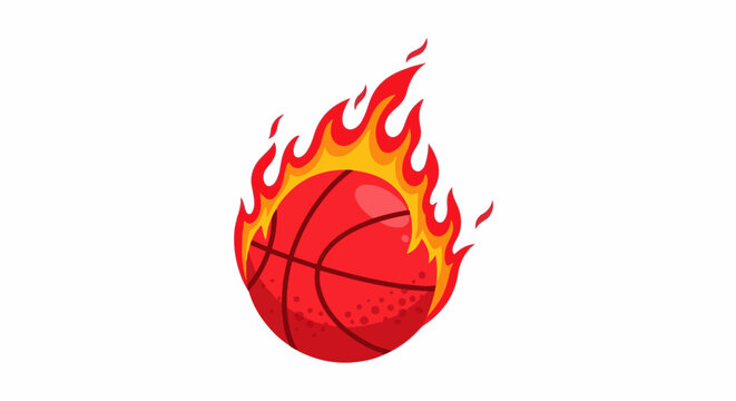 A red basketball engulfed in bright orange and yellow flames
