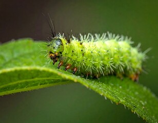 Fototapeta premium Closeup Fuzzy Green Caterpillar Crawling On A Leaf.