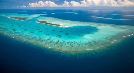 Obraz premium Aerial view of a coral reef lagoon, clear turquoise water surrounded by deep blue ocean, white sandy islands, vibrant colors