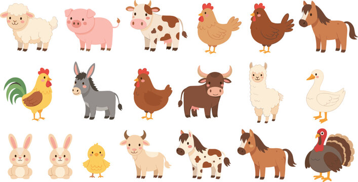 Farm animals cartoon vector set with cow chicken horse sheep pig duck and cute barnyard characters isolated