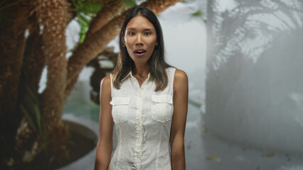 Fototapeta premium Thai woman with mouth open and hands covering mouth, gasping and clapping gesture, wearing white sleeveless blouse in a studio setting; surprise wonder.