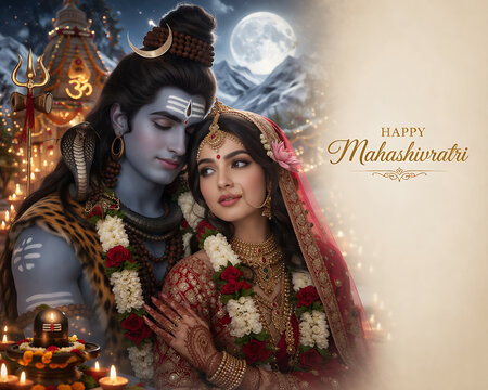 Divine union of Lord Shiv Shankar Mahadev Bholenath with Shivshakti Maa Parvati celebrating first love marriage on Mahashivratri Hindu festival