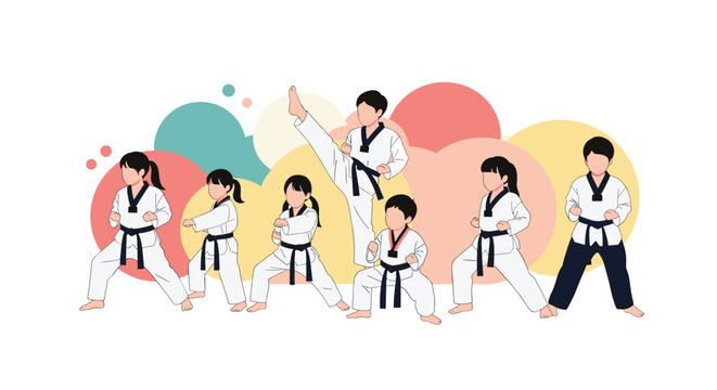Group of active children in traditional white uniforms practice various taekwondo kicks and stances in a martial arts class for kids.
