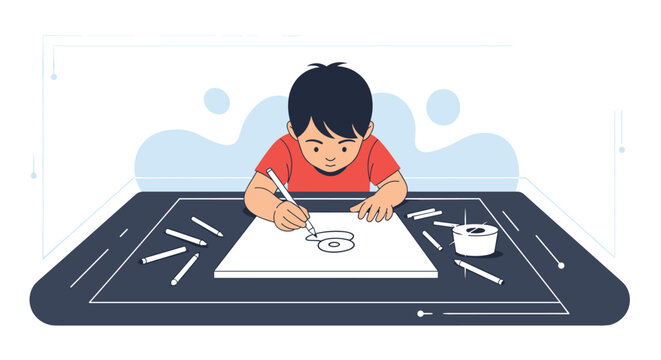Focused young boy sits at his desk and uses colored pencils to create a creative drawing on a large sheet of white paper.