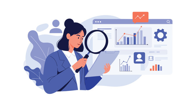 Professional female auditor uses a magnifying glass to inspect financial reports and business data charts for accuracy and quality.