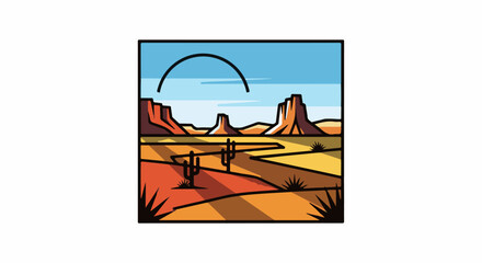 Obraz premium Stylized desert landscape with mesas, cacti, and a vast blue sky