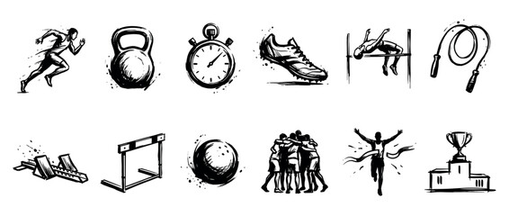 Obraz premium Set of twelve black sport icons in a hand-drawn sketch style showing athletics, competition, and fitness activities like running, jumping, weight training, and winning