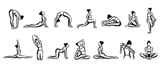 Fototapeta premium Collection of diverse yoga poses illustrated with expressive black ink brush strokes, showcasing various female figures practicing stretching and flexibility exercises in a clean, artistic style