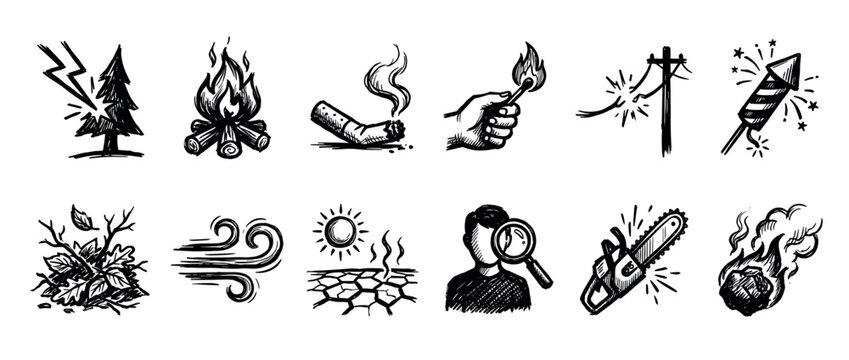 Hand-drawn wildfire cause icons set showing lightning, campfire, cigarette, match, drought, and arson investigation in a black and white sketchy doodle style illustration