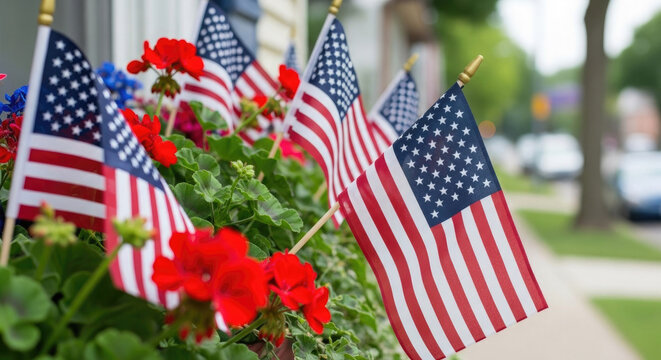 Festive flag day decorations american flags flowers for patriotic celebration