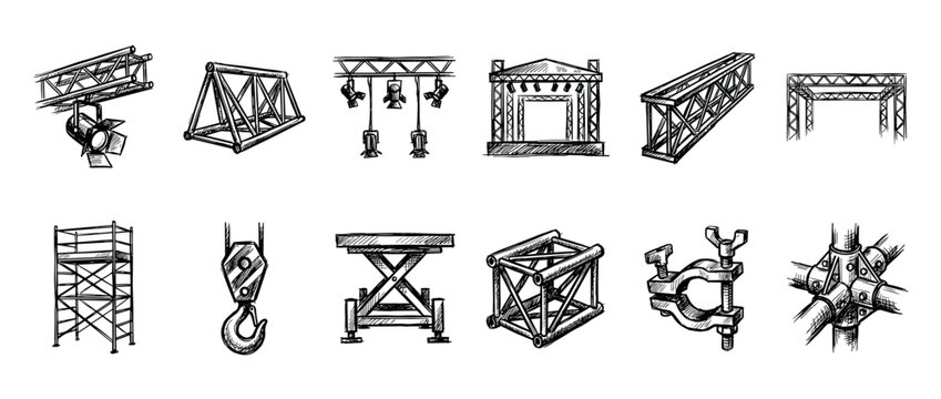 Set of hand-drawn stage equipment illustrations featuring metal trusses, lighting rigs, scaffolding, and rigging hardware in a black and white sketch doodle style for event production