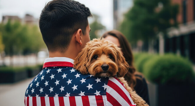 Celebrating flag day patriotic couple with dog embracing american pride