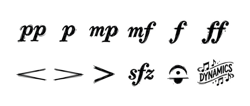 Various hand-drawn musical dynamic symbols and notations are presented in a black ink, sketchy style, illustrating volume and expression for music composition