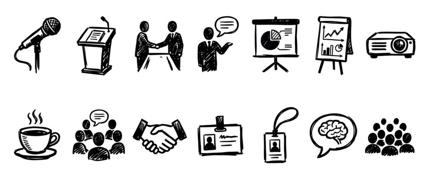 Set of black hand-drawn business icons for a conference or seminar, featuring a microphone, podium, presentation charts, handshake, audience, and other meeting symbols