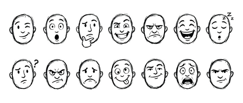 Set of hand-drawn cartoon faces showing a wide range of human emotions and expressions, including happiness, sadness, anger, and surprise, in a simple sketch style
