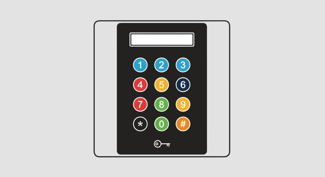 A numeric keypad with colored buttons and a key symbol