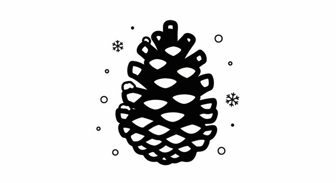 A stylized black and white drawing of a pinecone with falling snowflakes and circles