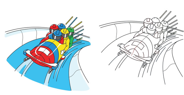 Four-man bobsleigh team racing on ice track vector illustration. Includes colorful cartoon style and black and white line art coloring page version.