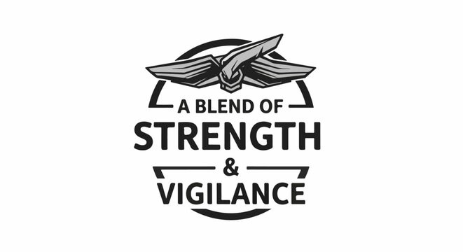 Emblem with eagle-like figure and text "A Blend of Strength & Vigilance