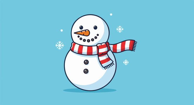 Friendly cartoon snowman with striped scarf and snowflakes on blue background