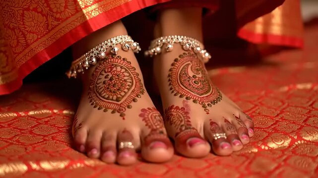 Beautiful Indian Brides Feet Adorned with Henna and Anklets.