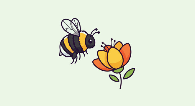 Cartoon bee approaches a vibrant orange and yellow flower