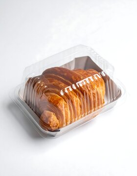 Flaky croissant in clear plastic container. Golden brown on white background. Simple presentation