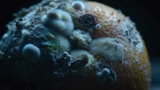 Close up of a rotten orange covered in mold and fungi.