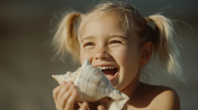 Joyful young girl with pigtails holding a large seashell to her ear