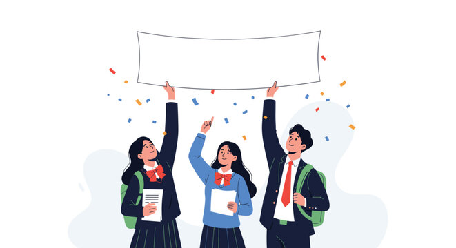 Three happy high school students in uniforms celebrate by holding up a large blank white banner as colorful confetti falls around them.
