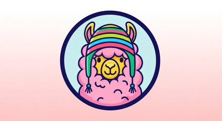 Fototapeta premium Cartoon llama in a colorful hat on a pink gradient background design